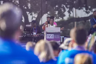 Poet Mecca addresses attendees at the 2023 Freedom to Learn Rally in Orlando