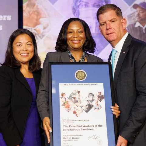 US Secretary of Labor Marty Walsh and Deputy Secretary of Labor Julie Su honor the Essential Workers of the Coronavirus Pandemic at their induction into the Hall of Honor at the US Department of Labor.